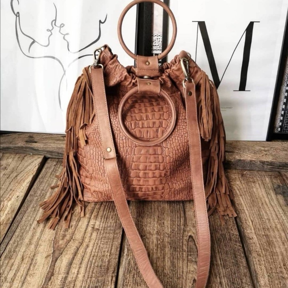 Fringe Croc-Embossed Circle Handle Bucket Bag - Brown